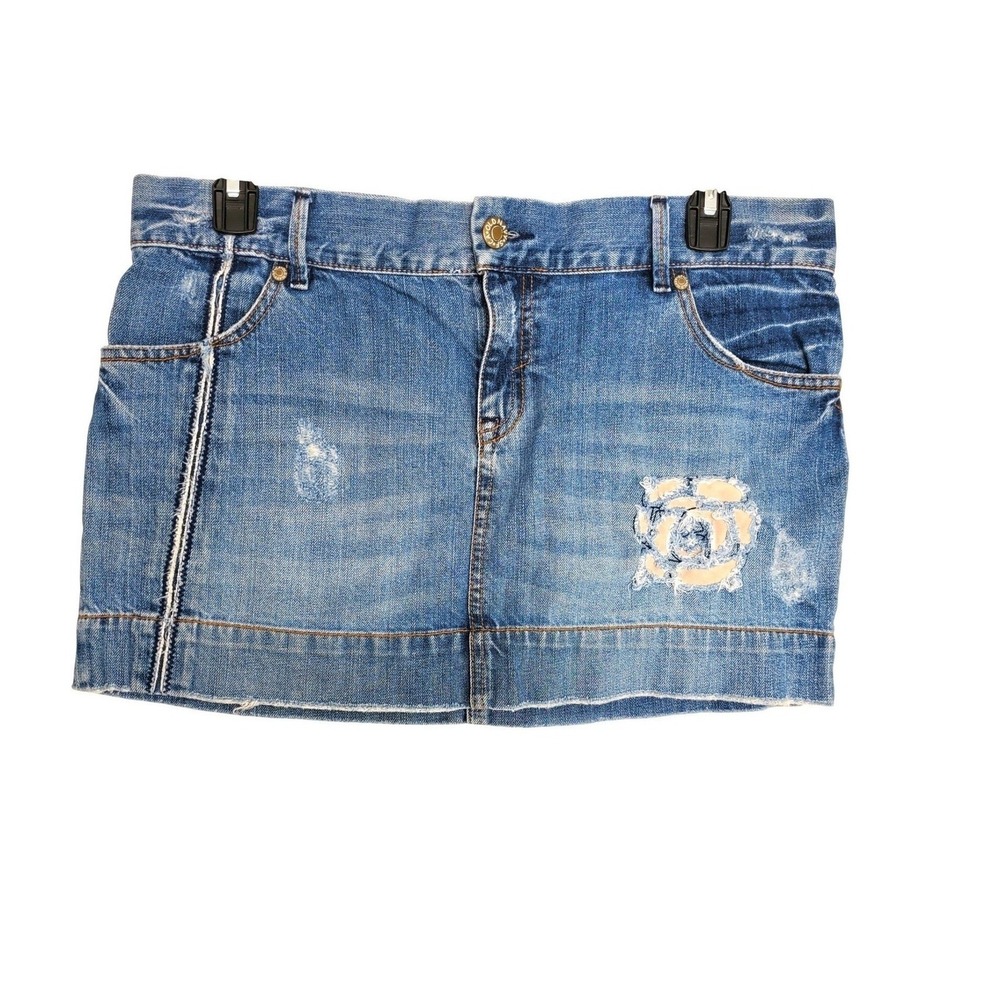 Vtg Y2K Old Navy Denim Micro Mini Skirt Blue Distressed‎ Coastal Cowgirl Sz 12